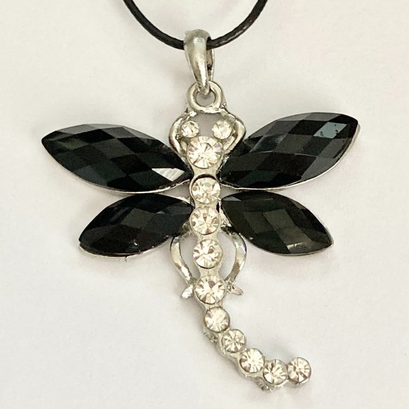 Vtg Dragonfly Necklace Pendant Insect Black Crystal Silver Plated Black Cord 18" - Picture 5 of 10